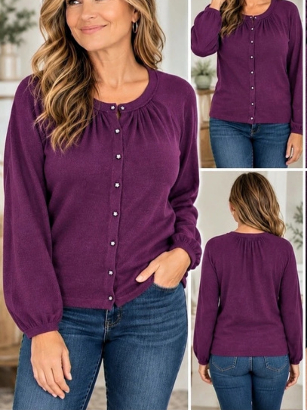 Boden Dark Purple Cardigan Womens Size 8 Jeweled Buttons 100% Wool Plum